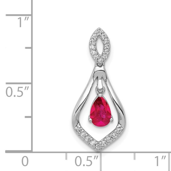 14k White Gold Diamond & Red Ruby Teardrop Dangle Necklace Charm Pendant - Picture 4 of 4